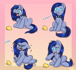 Size: 2560x2372 | Tagged: safe, artist:lina, oc, oc only, oc:lina, oc:lina firesoul, pony, chest fluff, choker, collar, comic, eating, fangs, female, food, gradient background, herbivore, lemon, lemon meme, mare, meme, smiling, solo, spiked collar, text, tongue out