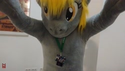 Size: 2560x1440 | Tagged: safe, artist:atalonthedeer, artist:giovannimagnus, derpy hooves, g4, 2016, arms in the air, eurofurence, fursuit, irl, lanyard, photo, ponysuit, solo