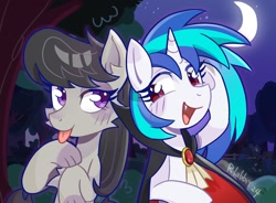 Size: 1444x1064 | Tagged: safe, artist:rlabbiy, dj pon-3, octavia melody, princess luna, vinyl scratch, alicorn, earth pony, pony, unicorn, my roommate is a vampire, g4, animal costume, bush, cat costume, clothes, costume, female, forest, horn, mare, moon, nature, night, nightmare night costume, outdoors, starry night, text, tongue out, tree, trio, trio female, vampire costume