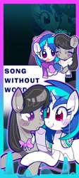 Size: 861x1920 | Tagged: safe, artist:rlabbiy, dj pon-3, octavia melody, vinyl scratch, earth pony, pony, unicorn, g4, blushing, clothes, duo, earbuds, eyes closed, female, headphones, horn, hug, lesbian, mare, passepartout, scarf, sharing headphones, ship:scratchtavia, shipping, text, tongue out