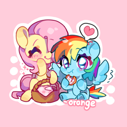 Size: 2554x2554 | Tagged: safe, artist:chengzi82020, fluttershy, rainbow dash, pegasus, pony, g4, basket, eating, eyes closed, food, heart, outline, pastry, picnic basket, pink background, simple background, smiling, speech bubble, white outline