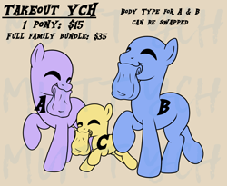 Size: 1348x1103 | Tagged: safe, artist:alleymutt, pony, g4, commission, family, foal, food, mouth hold, show accurate, solo, takeout, trio, trotting, ych sketch, your character here