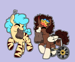 Size: 1348x1103 | Tagged: safe, artist:bluemoon, oc, oc only, oc:bluebook, oc:cream, alicorn, hybrid, pony, zebra, zony, ahoge, alicorn oc, blaze (coat marking), blue background, blue mane, blue tail, blush sticker, blushing, brown coat, brown hooves, brown mane, brown tail, coat markings, colored hooves, colored wings, commission, cream coat, curly mane, curly tail, curved horn, duo, eyes closed, facial markings, folded wings, food, gradient horn, happy, heart, heart ahoge, heart mark, hooves, horn, leg stripes, mouth hold, multicolored mane, outline, simple background, smiling, socks (coat markings), striped, stripes, tail, takeout, wheelchair, white wings, wings, ych example, ych result, your character here, zony oc