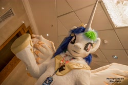 Size: 6000x4000 | Tagged: safe, artist:atalonthedeer, artist:blue hasia, princess celestia, alicorn, g4, 2018, bust, confuzzled, fursuit, indoors, irl, jewelry, lanyard, looking at you, looking down, looking down at you, photo, ponysuit, portrait, regalia, solo