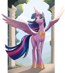 Size: 2421x2696 | Tagged: safe, artist:sierraex, twilight sparkle, alicorn, pony, g4, crown, female, hoof shoes, horn, jewelry, long legs, mare, older, older twilight, older twilight sparkle (alicorn), peytral, princess shoes, princess twilight 2.0, regalia, slender, solo, spread wings, tail, tall, thin, twilight sparkle (alicorn), windswept mane, windswept tail, wings