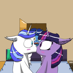 Size: 1500x1500 | Tagged: safe, artist:icycrymelon, night light, shining armor, twilight sparkle, pony, unicorn, g4, bed, brother and sister, father and child, father and daughter, father and son, female, horn, incest, infidelity, kissing, male, scared, ship:shiningsparkle, shipping, sibling love, siblings, straight, surprised, trio, twicest