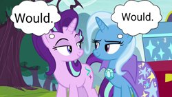 Size: 1280x720 | Tagged: safe, artist:trrrebleee, edit, edited screencap, screencap, starlight glimmer, trixie, pony, unicorn, g4, road to friendship, comic, duo, duo female, female, horn, lesbian, meme, screencap comic, ship:startrix, shipping, text, thought bubble