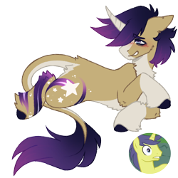 Size: 1000x1000 | Tagged: safe, artist:kazmuun, comet tail, pony, unicorn, series:kazmuun's drawing every pony, g4, alternate coat color, alternate design, alternate mane color, alternate tail color, alternate tailstyle, blaze (coat marking), blue eyes, blush lines, blushing, brown coat, cascading cutie mark, cheek fluff, chest fluff, coat markings, colored eyebrows, colored hooves, colored horn, curved horn, ear fluff, eyebrows, eyebrows visible through hair, facial markings, gradient mane, gradient tail, hock fluff, hooves, horn, leg markings, leonine tail, lidded eyes, long tail, lying down, navy hooves, prone, purple mane, purple tail, raised hoof, redesign, reference used, screencap reference, shoulder fluff, simple background, slit pupils, smiling, socks (coat markings), star mark, stars, tail, tail fluff, tail markings, tan coat, transparent background, unicorn horn