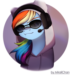 Size: 2050x2160 | Tagged: safe, artist:miralichan, rainbow dash, pegasus, pony, g4, blue mane, bust, cat hoodie, clothes, commission, cool, fanart, female, glasses, headphones, headset mic, hoodie, multicolored hair, order, portrait, rainbow hair, simple background, solo, white background