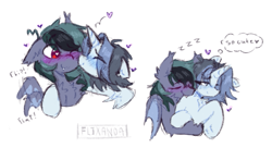 Size: 641x376 | Tagged: safe, artist:flixanoa, oc, oc only, oc:fef, oc:scrimmy, bat pony, pegasus, pony, ahoge, bat pony oc, blue coat, blush lines, blushing, cheek kiss, chest fluff, claws, colored sketch, colored wings, cuddling, duo, duo male, ear fluff, ear tufts, eye clipping through hair, eyebrows, eyebrows visible through hair, eyes closed, fangs, flapping wings, floating heart, floppy ears, gay, heart, heart eyes, hock fluff, hoof around neck, hoof fluff, horn, kissing, leg fluff, light blue coat, looking at someone, male, male oc, motion lines, oc x oc, one ear down, onomatopoeia, orange eyes, pegasus oc, purple blush, shiny mane, shipping, shoulder fluff, signature, simple background, sketch, sleeping, smiling, sound effects, stallion oc, text, thinking, thought bubble, two toned mane, two toned wings, unicorn horn, white background, wing claws, wingding eyes, wings, zzz