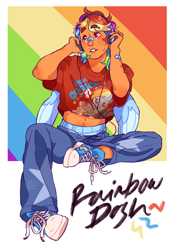 Size: 1443x2048 | Tagged: safe, artist:cocopudu, rainbow dash, human, g4, arm hair, bandaid, bandaid on nose, blue wingtips, boxers, butch, clothes, colored pupils, colored wings, colored wingtips, converse, denim, emanata, exposed belly, eyebrow slit, eyebrows, facial hair, female, happy trail, headphones, humanized, jeans, listening to music, looking up, midriff, moustache, multicolored hair, nose piercing, pants, partially open wings, passepartout, piercing, pink eyes, polaroid, purple pupils, rainbow hair, raised arms, shiny hair, shirt, shoes, short hair rainbow dash, short shirt, signature, sitting, small wings, smiling, sneakers, solo, t-shirt, tan skin, text, thick eyebrows, two toned wings, underwear, winged humanization, wings