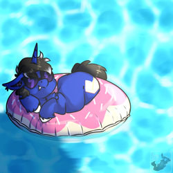 Size: 768x768 | Tagged: safe, artist:fluffyghost, oc, oc:night reader, bat pony, hybrid, unicorn, bat pony oc, commission, donut swim ring, horn, hybrid oc, inner tube, opaque inflatable, pool toy, relaxing, summer, sunglasses, swimming pool, unicorn oc, water, ych result