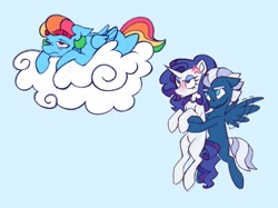 Size: 1337x1001 | Tagged: safe, artist:partyponypower, night glider, rainbow dash, rarity, pegasus, pony, unicorn, g4, alternate eye color, alternate hairstyle, alternate universe, bags under eyes, blue background, blue coat, blue eyes, blue eyeshadow, blushing, cloud, colored, colored sketch, cross-popping veins, curly mane, curly tail, ear piercing, earring, emanata, eyebrows, eyebrows visible through hair, eyelashes, eyeshadow, female, flat colors, floppy ears, flying, folded wings, fringe, frown, holding a pony, hooves around waist, horn, ignoring, jewelry, lesbian, lidded eyes, long mane, long tail, looking at someone, lying down, lying on a cloud, makeup, male, missing cutie mark, motion lines, multicolored hair, necklace, no catchlights, no pupils, on a cloud, one sided shipping, pearl earrings, pearl necklace, physique difference, piercing, pouting, purple mane, purple tail, rainbow hair, rainbow tail, red eyes, sad, ship:raridash, shipping, short hair rainbow dash, short mane, simple background, sketch, sky background, slender, tail, thick eyebrows, thin, trans male, trans rainbow dash, transgender, trio, two toned mane, two toned tail, unicorn horn, wall of tags, white coat, wings