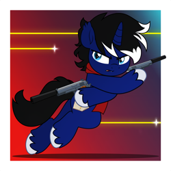 Size: 5000x5000 | Tagged: safe, artist:jhayarr23, oc, oc only, oc:night reader, bat pony, hybrid, unicorn, bat pony oc, clothes, commission, gradient background, gun, handgun, horn, hybrid oc, passepartout, pistol, running, scarf, solo, suppressor, unicorn oc, ych result