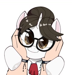 Size: 1052x1102 | Tagged: safe, artist:mar0x8, raven, human, pony, unicorn, g4, bangs, bracelet, clothes, commission, commissioner:pony4koma, cute, daaaaaaaaaaaw, female, glasses, hair bun, hand, horn, human on pony petting, jewelry, lipstick, looking at you, male, male pov, mare, necktie, offscreen character, offscreen male, petting, pov, ravenbetes, secretary, simple background, smiling, smiling at you, solo focus, squishy cheeks, weapons-grade cute, white background, ych result