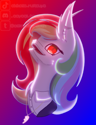 Size: 1000x1300 | Tagged: safe, artist:asiandra dash, oc, oc only, oc:rainbowrio, alicorn, pony, fanfic:rainbow factory, bust, clothes, ear piercing, earring, fanfic art, gradient background, jewelry, looking at you, necklace, open mouth, piercing, solo, torn ear, uniform