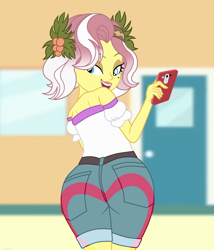 Size: 2070x2422 | Tagged: safe, artist:gmaplay, vignette valencia, human, equestria girls, equestria girls specials, g4, my little pony equestria girls: rollercoaster of friendship, ass, butt, butt heart, cellphone, clothes, female, heart butt, looking at you, looking back, looking back at you, phone, shorts, smartphone, solo, valenci-ass