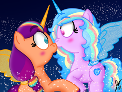 Size: 2160x1620 | Tagged: safe, artist:jesslmc16, izzy moonbow, sunny starscout, alicorn, pony, g5, alicornified, alternate universe, artificial horn, artificial wings, augmented, blushing, boop, digital art, duo, duo female, female, hoof hold, horn, izzy rainbow, izzycorn, lesbian, looking at each other, looking at someone, magic, magic horn, magic wings, mane stripe sunny, noseboop, race swap, ship:moonscout, shipping, signature, stars, sunnycorn, wings