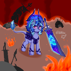 Size: 4096x4096 | Tagged: safe, artist:dw_atias, oc, oc only, oc:illusory, kirin, armor, claymore, colored ear fluff, colored eyelashes, colored pinnae, detailed background, ear fluff, eyeshadow, female, fire, floating sword, frown, helmet, kirin oc, leonine tail, makeup, purple coat, purple eyes, red eyelashes, red eyeshadow, shadow, signature, simple background, solo, standing, sword, tail, two toned mane, two toned tail, weapon