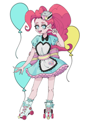 Size: 1191x1684 | Tagged: safe, artist:223933965a, artist:破坏海胆boom, pinkie pie, human, equestria girls, g4, balloon, belt, bowtie, clothes, collared shirt, curly hair, digital art, digital painting, dress, eye lashes, eyeliner, female, frilly dress, frilly skirt, frilly socks, long nails, looking at you, makeup, mob cap, necktie, painted nails, peace sign, pink hair, pink skin, retro, roller skates, server pinkie pie, shirt, simple background, skates, smiling, smiling at you, socks, solo, white background, white pupils