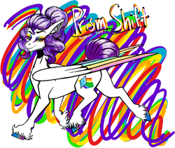 Size: 2368x1996 | Tagged: safe, artist:secrets-of-everfree, rarity, oc, oc:prism shift, pegasus, pony, g4, abstract background, alternate cutie mark, alternate name, alternate universe, artfight, colored hooves, colored wings, colored wingtips, eyeshadow, folded wings, gift art, hair bun, hooves, large wings, makeup, multicolored hooves, multicolored wings, multicolored wingtips, pegasus rarity, race swap, rainbow eyeshadow, rainbow hooves, rainbow wingtips, shiny hooves, shiny mane, shiny tail, solo, tail, tail bun, text, tied mane, tied tail, trotting, unshorn fetlocks, white coat, white text, wings