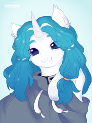 Size: 3000x4000 | Tagged: safe, artist:kanaeshka, oc, oc only, bat pony, pony, unicorn, :3, adorable face, bat pony oc, beauty mark, birthmark, blue background, blue eyes, blue mane, blush lines, blushing, braid, bust, clothes, collar, colored ear fluff, colored ear tufts, commission, cute, ear fluff, ear tufts, eye clipping through hair, eyelashes, fangs, gray hoodie, hairstyle, heterochromia, high res, hoodie, hoof fluff, horn, long mane, looking at you, mole, ponytail, portrait, raised hoof, shiny, shiny eyes, shiny mane, simple background, sketch, smiling, smiling at you, solo, sparkles, tied mane, white coat