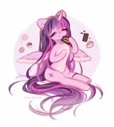 Size: 1935x2160 | Tagged: safe, artist:deadchrltte, twilight sparkle, alicorn, semi-anthro, g4, cake, candy, chocolate bar, circle background, colored belly, colored hooves, colored lineart, colored pinnae, colored wings, colored wingtips, cupcake, cute, eating, eyes closed, female, food, hoof hold, hooves, lighter coat, lollipop, macaron, mare, pale belly, purple hooves, purple wingtips, simple background, sitting, solo, spread wings, thin, twiabetes, twilight sparkle (alicorn), two toned wings, white background, wings