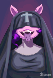 Size: 5324x7804 | Tagged: safe, artist:zendora, pipp petals, pegasus, g5, adorapipp, breasts, bust, clothes, colored background, covered eyes, cross, cute, drool, fangs, female, lips, nun, nun outfit, open mouth, pink coat, portrait, purple hair, tongue out, waifu