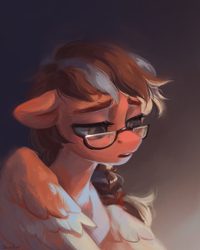 Size: 1600x2000 | Tagged: safe, artist:jewellier, oc, oc only, oc:july red pencil, pegasus, pony, abstract background, braid, brown eyes, brown mane, bust, colored eyebrows, dead eyes, digital painting, female, female oc, floppy ears, folded wings, frown, glasses, gradient background, hatching (technique), lidded eyes, long mane, mare, mare oc, no catchlights, open frown, open mouth, pegasus oc, portrait, red coat, sad, shiny coat, shiny mane, solo, tired, two toned mane, wing fluff, wings