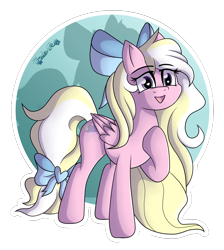 Size: 4304x4809 | Tagged: safe, artist:tenderrain-art, oc, oc only, oc:bay breeze, pegasus, pony, blonde mane, blonde tail, blue bow, blue eyes, bow, circle background, eye clipping through hair, eyebrows, eyebrows visible through hair, eyelashes, female, female oc, folded wings, gift art, hair accessory, hair bow, heart, heart eyes, hoof on chest, long mane, long tail, mane accessory, mare, mare oc, open mouth, open smile, pegasus oc, pink coat, shading, shadow, simple background, smiling, solo, standing, standing on three hooves, tail, tail accessory, tail bow, wavy mane, wavy tail, white background, wingding eyes, wings