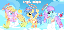 Size: 1280x598 | Tagged: safe, artist:vi45, oc, oc only, angel, angel pony, original species, pegasus, pony, adoptable, adoptable open, base used, blue coat, blue eyes, blue mane, blue wingtips, bowtie, bracer, clothes, colored wings, colored wingtips, dress, female, flying, frilly dress, fringe, glasses, glasses chain, gold jewelry, gradient mane, gradient tail, hair ring, halo, headband, jewelry, lidded eyes, long mane, long socks, long tail, looking down, mane ring, mare, narrowed eyes, neck rings, necktie, outdoors, pink dress, ponytail, purple coat, purple mane, purple tail, purple wingtips, ring, round glasses, sky background, smiling, socks, spread wings, stockings, tail, tail ring, tank top, thigh highs, tied mane, tied tail, trio, trio female, two toned mane, two toned tail, two toned wings, wall of tags, watermark, white socks, wing jewelry, wings, yellow coat