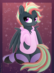 Size: 3016x4032 | Tagged: safe, artist:rainbowšpekgs, oc, oc only, oc:treading step, pegasus, pony, g4, bedroom eyes, chest fluff, clothes, hoodie, male, pegasus oc, smiling, socks, solo, stallion, wings