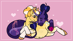 Size: 2677x1517 | Tagged: safe, artist:manticorpse, oc, oc only, oc:blacklight bulb, oc:lemon cheesecake, earth pony, pony, unicorn, couple, crying, curved horn, horn, pregnant, scar, scared, tears of joy, teary eyes, unicorn horn