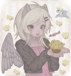 Size: 2419x2618 | Tagged: safe, artist:mekmio, derpy hooves, human, g4, blonde hair, blushing, buttons, cardigan, clothes, derp, digital art, digital painting, dress, food, gray eyes, gray feathers, gray wings, grin, hand, holding, humanized, looking at you, muffin, nose blush, offering, palms, pony ears, short hair, smiling, solo, spread wings, sundress, wings, wings on human