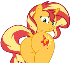 Size: 1197x1064 | Tagged: safe, artist:shieldwingarmorofgod, sunset shimmer, pony, unicorn, g4, bunset shimmer, butt, dock, horn, looking at you, looking back, looking back at you, plot, simple background, smiling, smiling at you, solo, tail, transparent background