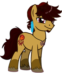 Size: 960x1136 | Tagged: safe, artist:lucky bolt, artist:moonymoonangel, oc, oc only, oc:blitz shadow, earth pony, pony, base used, baseball cap, brown coat, brown hooves, brown tail, cap, coat markings, colored hooves, cutie mark, facial hair, feather, feather in hair, feathered fetlocks, g4 style, hat, hooves, jewelry, long tail, looking at you, magenta eyes, male, necklace, pentagram, reference, reference sheet, shiny mane, simple background, smiling, smiling at you, socks (coat markings), solo, stallion, tail, tan coat, transparent background