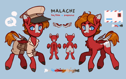 Size: 3500x2200 | Tagged: safe, artist:maroonmads, oc, oc only, oc:malachi, pegasus, clothes, hat, mailpony, male, pegasus oc, reference sheet, solo, stallion, uniform