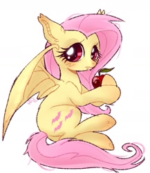 Size: 1353x1556 | Tagged: safe, artist:doodlesinky, derpibooru exclusive, fluttershy, bat pony, pegasus, g4, apple, bat ponified, bat wings, fangs, female, flutterbat, food, looking at you, race swap, sad, simple background, solo, white background, wings