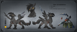 Size: 3845x1608 | Tagged: safe, artist:ramiras, oc, oc only, oc:spar grimfeathers, griffon, fallout equestria, blade, claws, cybernetic eyes, ears back, holster, leather, leather straps, looking at you, prosthetic eye, prosthetics, reference sheet, solo, straps, weapon, wingblade