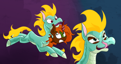 Size: 3612x1902 | Tagged: safe, artist:moonatik, tianhuo (tfh), oc, oc:fallen leaf, dragon, hybrid, kirin, longma, them's fightin' herds, absorption, abstract background, commission, commissioner:chorlito, community related, duo, female, gradient background, gritted teeth, kirin oc, licking, licking lips, living clothes, living latex, living suit, male, possession, sharp teeth, teeth, tongue out, transformation