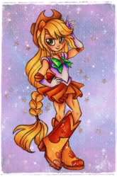 Size: 2072x3136 | Tagged: safe, artist:dariarchangel, part of a set, applejack, human, equestria girls, g4, applejack's hat, applejacked, beautiful, blonde, blonde hair, boots, bow, braid, braided ponytail, choker, chokerjack, clothes, cosplay, costume, cowboy boots, cowboy hat, cowgirl, crossover, cute, eared humanization, element of honesty, female, freckles, gloves, green eyes, hairband, hand on hip, hat, human coloration, humanized, jackabetes, jewelry, long gloves, long hair, miniskirt, muscles, muscular female, ponied up, pony ears, ponytail, raised arm, sailor applejack, sailor honesty, sailor moon (series), sailor senshi, sailor uniform, shoes, skirt, slender, smiling, solo, sparkles, stars, stetson, thin, tiara, traditional art, uniform, woman