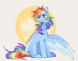 Size: 2029x1575 | Tagged: safe, artist:yuyusunshine, rainbow dash, pegasus, pony, g4, alternate eye color, blush lines, blushing, circle background, colored lineart, colored wings, feathered wings, frown, gray background, one wing out, red eyes, shiny coat, shiny mane, shiny tail, signature, simple background, sitting, solo, tallerdash, two toned wings, wing fluff, wings