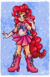 Size: 2072x3136 | Tagged: safe, artist:dariarchangel, part of a set, pinkie pie, human, equestria girls, g4, beautiful, blue eyes, boots, bow, choker, clothes, cosplay, costume, crossover, curly hair, cute, diapinkes, eared humanization, element of laughter, female, gloves, high heel boots, human coloration, jewelry, long gloves, long hair, looking up, miniskirt, peace sign, pink hair, pink shoes, pink skirt, ponied up, pony ears, sailor laughter, sailor moon (series), sailor pinkie pie, sailor senshi, sailor uniform, shoes, skirt, smiling, solo, sparkles, stars, tiara, traditional art, uniform, woman