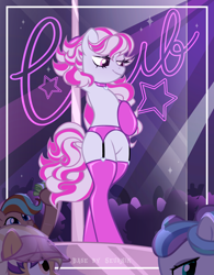 Size: 3893x5001 | Tagged: safe, artist:seurnik, artist:shallarts, pony, semi-anthro, base used, bedroom eyes, bipedal, candi (wild manes), clothes, club, cocoa (wild manes), collar, commission, dancing, dollar, eyeshadow, female, g4 style, garter belt, gloves, implied lesbian, latex, latex gloves, latex socks, makeup, mare, money, perla (wild manes), pole, pole dancing, ponified, socks, stage, stockings, striped, stripper pole, thigh highs, wild manes, ych result