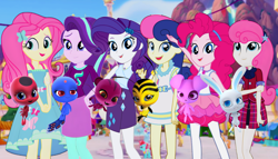 Size: 2990x1715 | Tagged: safe, artist:rosasmitt, bon bon, fluttershy, pinkie pie, rarity, starlight glimmer, sweetie drops, twinkleshine, human, equestria girls, g4, caption, female, image macro, miraculous ladybug, spoilers for another series, text