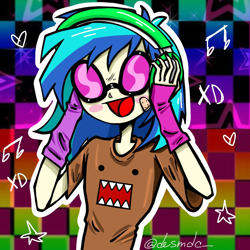 Size: 1080x1080 | Tagged: safe, artist:desmdc_, dj pon-3, vinyl scratch, human, equestria girls, g4, arm warmers, bandaid, black nail polish, blush sticker, blushing, checkered background, clothes, domo, emo, epic face, female, fingerless gloves, glasses, gloves, gradient background, halfbody, headphones, heart, music notes, open mouth, open smile, outline, painted nails, patterned background, rainbow background, scemo, scene, scene kid, scenecore, shiny hair, shirt, signature, smiling, solo, stars, t-shirt, thin, vinyl's glasses, vinyl's headphones, xd