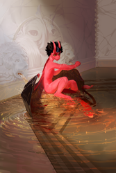 Size: 4000x6000 | Tagged: safe, artist:yanisfucker, oc, oc only, demon, demon pony, anthro, unguligrade anthro, absurd resolution, arm scar, bathhouse, bathing, beauty mark, black mane, body scar, claws, colored claws, colored ears, colored eyebrows, colored sclera, colored wings, demon wings, detailed background, devil tail, digital painting, ear fluff, fine art emulation, fine art parody, hatching (technique), horns, indoors, lacrimal caruncle, leg scar, lidded eyes, looking at you, male, neck scar, no mouth, no pupils, nudity, partially open wings, partially submerged, red coat, scar, shiny ears, shiny mane, solo, spiky mane, tail, teal eyes, wall of tags, water, wing scar, wings, yellow sclera