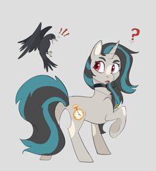 Size: 2450x2690 | Tagged: safe, artist:shanyata, oc, oc only, oc:smoky spectre, bird, crow, pony, unicorn, artfight, blaze (coat marking), chest fluff, choker, coat markings, colored eyebrows, colored pinnae, colored pupils, concave belly, exclamation point, eyelashes, facial markings, female, female oc, frown, gift art, gray background, gray coat, horn, leg markings, long mane, long tail, looking at something, looking back, mare, mare oc, open frown, open mouth, question mark, raised hoof, rear view, red eyes, red pupils, simple background, solo, standing, standing on three hooves, striped mane, striped tail, tail, two toned mane, two toned tail, unicorn horn, unicorn oc