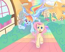 Size: 2048x1645 | Tagged: safe, artist:kiwi-yum, fluttershy, rainbow dash, pegasus, pony, g4, duo, duo female, eye clipping through hair, female, flying, mare, open mouth, open smile, ponyville, smiling, spread wings, wings