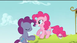 Size: 1280x720 | Tagged: safe, edit, edited screencap, screencap, pinkie pie, earth pony, pony, a friend in deed, g4, season 2, eyes closed, female, hub logo, logo, mare, smiling, the hub, wat